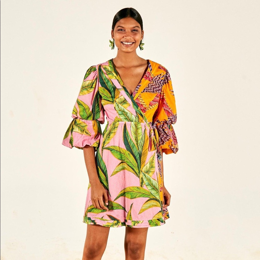 FARM RIO mixed prints mini wrap dress, S